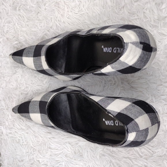 Wild Diva Black Buffalo Check Canvas Upper Pointed Toe Slip On Stiletto Heels - Picture 5 of 16